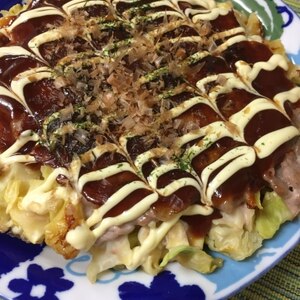 キャンプ♪シャキシャキれんこんふわふわお好み焼き☆